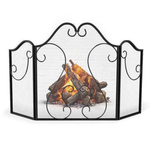 3 Panel Fireplace Screen Foldable Spark Guard Cover with Decorative Scroll W2B