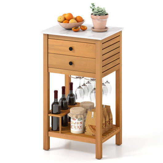 Patio Acacia Wood Storage Cabinet Patio Buffet Cabinet Bar Table with Faux Marble Countertop W2B