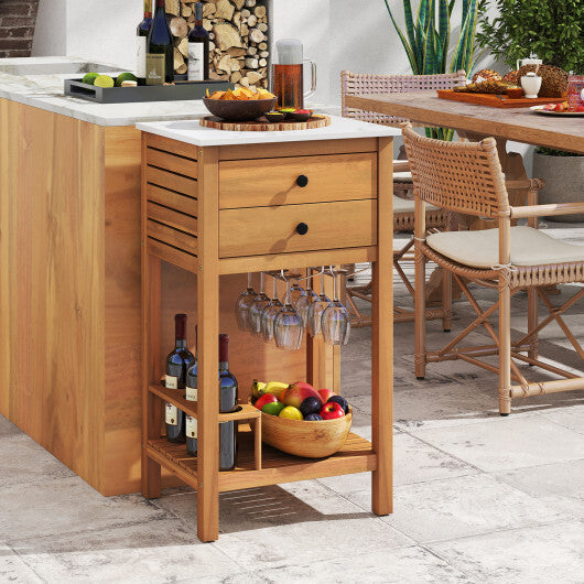Patio Acacia Wood Storage Cabinet Patio Buffet Cabinet Bar Table with Faux Marble Countertop W2B