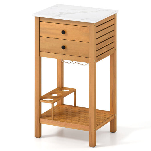 Patio Acacia Wood Storage Cabinet Patio Buffet Cabinet Bar Table with Faux Marble Countertop W2B