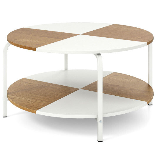 2-Tier Round Coffee Table Metal Frame with Storage Shelf-Natural & White W2B
