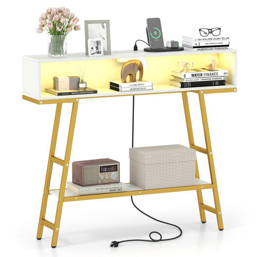 40" Console Table with Charging Station and LED Lights-Rustic Brown W2B
