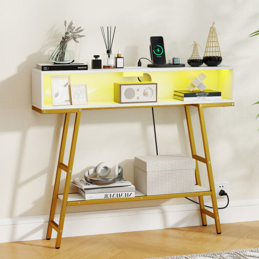 40" Console Table with Charging Station and LED Lights-Rustic Brown W2B