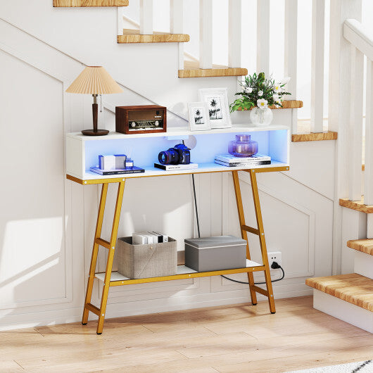 40" Console Table with Charging Station and LED Lights-Rustic Brown W2B