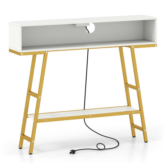 40" Console Table with Charging Station and LED Lights-Rustic Brown W2B