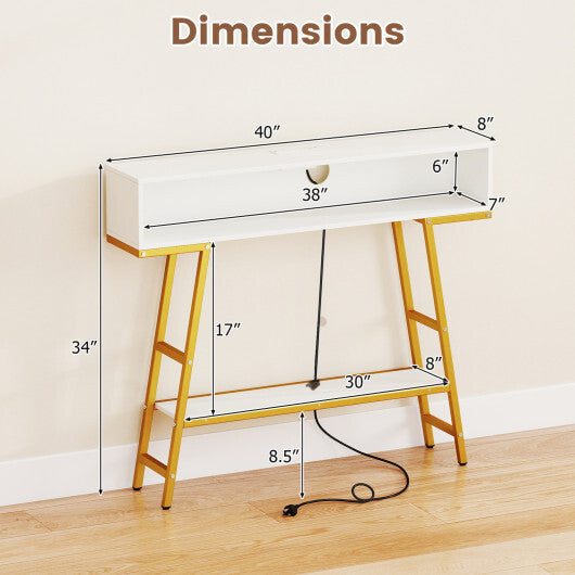 40" Console Table with Charging Station and LED Lights-Rustic Brown W2B