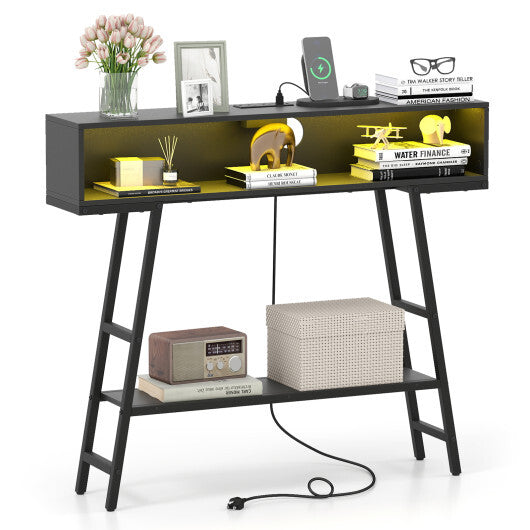 40" Console Table with Charging Station and LED Lights-Rustic Brown W2B