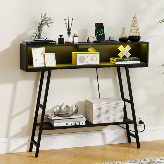 40" Console Table with Charging Station and LED Lights-Rustic Brown W2B