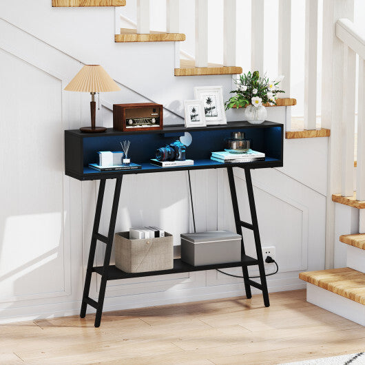 40" Console Table with Charging Station and LED Lights-Rustic Brown W2B