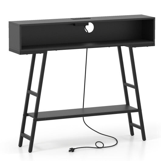40" Console Table with Charging Station and LED Lights-Rustic Brown W2B