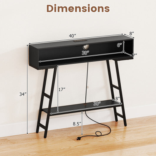 40" Console Table with Charging Station and LED Lights-Rustic Brown W2B