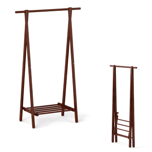 Folding Rubber Wood Clothes Hanging Rack Standing Garment Rack with Bottom Storage Shelf-Walnut W2B