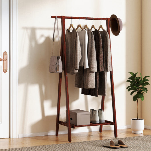 Folding Rubber Wood Clothes Hanging Rack Standing Garment Rack with Bottom Storage Shelf-Walnut W2B