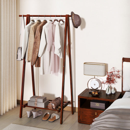 Folding Rubber Wood Clothes Hanging Rack Standing Garment Rack with Bottom Storage Shelf-Walnut W2B