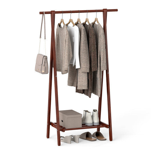 Folding Rubber Wood Clothes Hanging Rack Standing Garment Rack with Bottom Storage Shelf-Walnut W2B