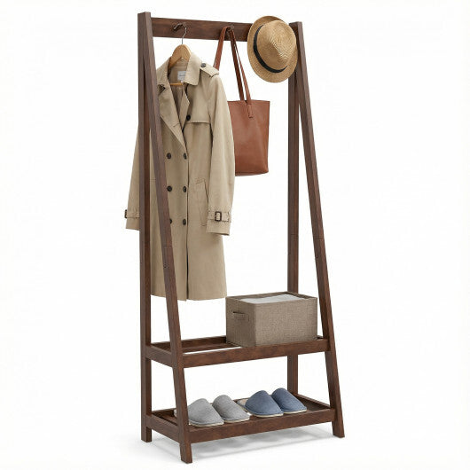 Freestanding Clothes Rack with 3 Hooks and 2 Shelves-Walnut W2B