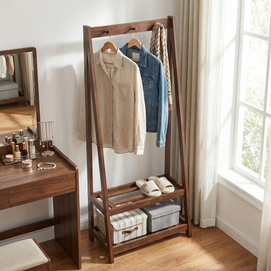Freestanding Clothes Rack with 3 Hooks and 2 Shelves-Walnut W2B
