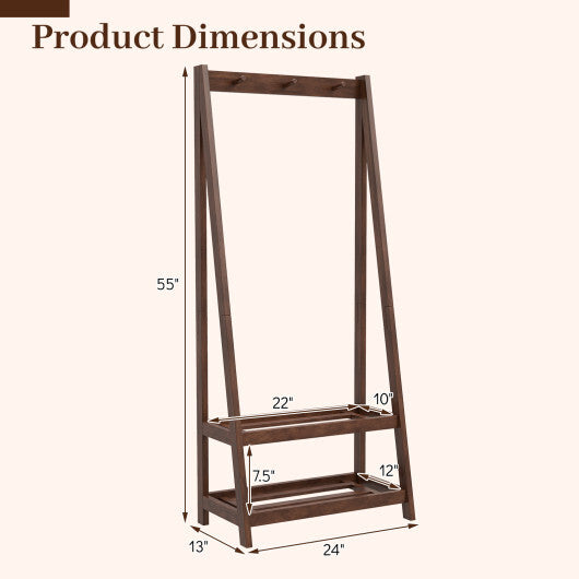 Freestanding Clothes Rack with 3 Hooks and 2 Shelves-Walnut W2B