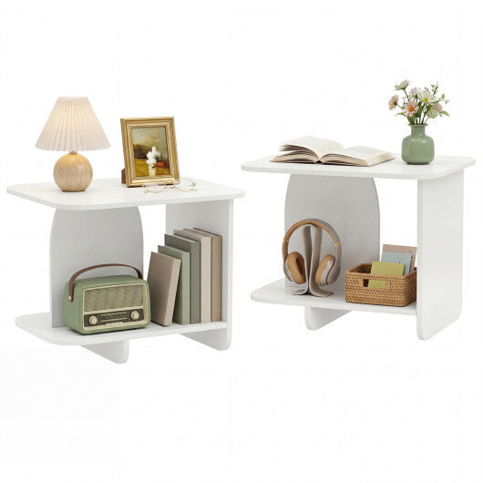 End Table Set of 2 2-Tier Sofa Side Tables with Storage Shelf-White W2B