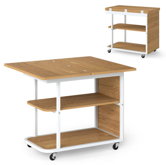 Mobile Night Stand with Foldable Swivel Top and 2-Tier Shelf for Small Spaces-Natural W2B