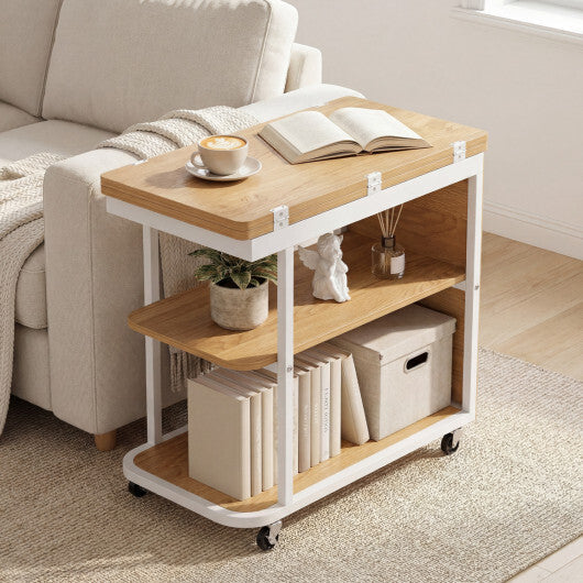 Mobile Night Stand with Foldable Swivel Top and 2-Tier Shelf for Small Spaces-Natural W2B