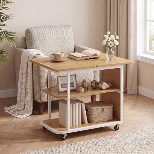 Mobile Night Stand with Foldable Swivel Top and 2-Tier Shelf for Small Spaces-Natural W2B