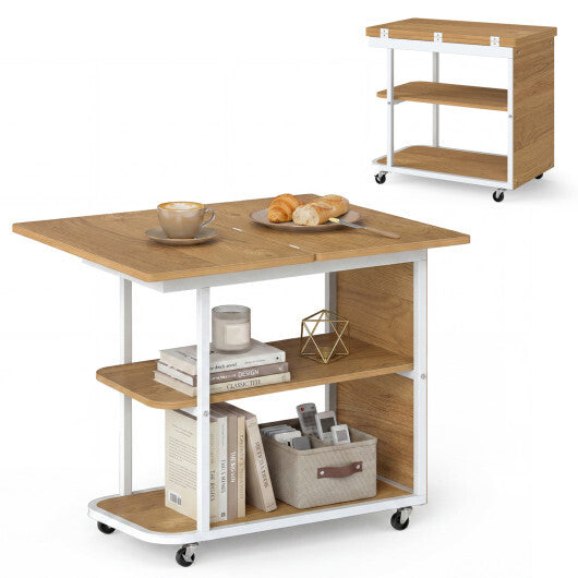Mobile Night Stand with Foldable Swivel Top and 2-Tier Shelf for Small Spaces-Natural W2B