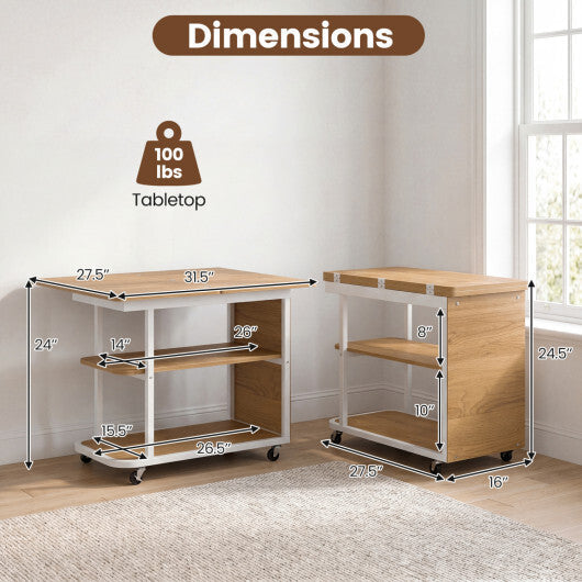 Mobile Night Stand with Foldable Swivel Top and 2-Tier Shelf for Small Spaces-Natural W2B