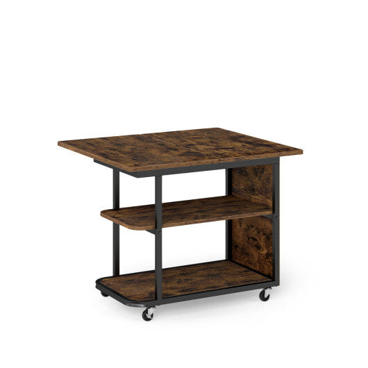 Mobile Night Stand with Foldable Swivel Top and 2-Tier Shelf for Small Spaces-Natural W2B