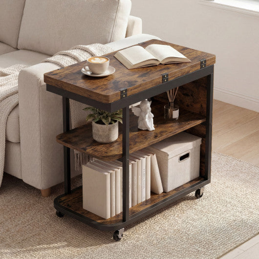 Mobile Night Stand with Foldable Swivel Top and 2-Tier Shelf for Small Spaces-Natural W2B