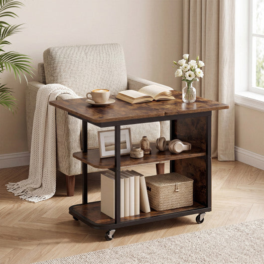 Mobile Night Stand with Foldable Swivel Top and 2-Tier Shelf for Small Spaces-Natural W2B
