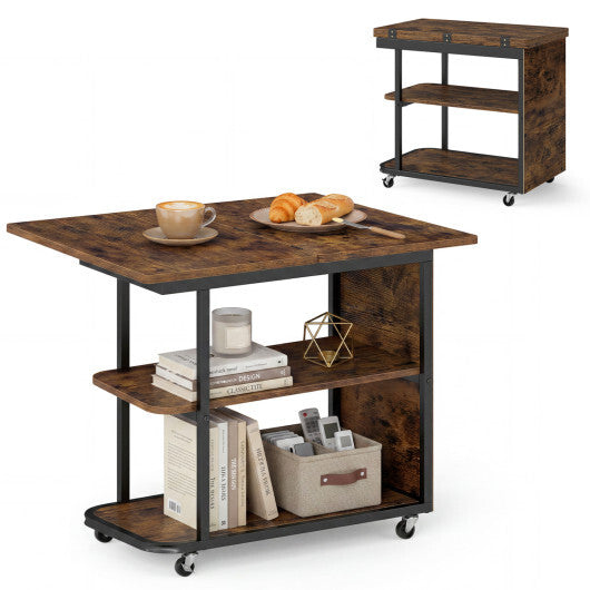Mobile Night Stand with Foldable Swivel Top and 2-Tier Shelf for Small Spaces-Natural W2B