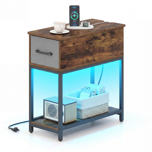 Narrow Side Table with Charging Station and LED Lights Industrial End Table-Brown W2B
