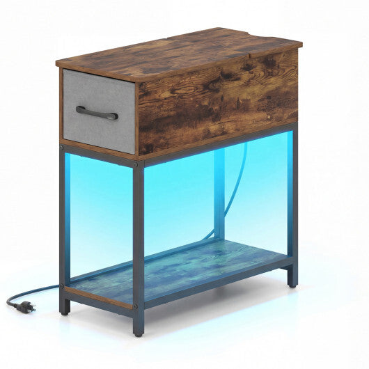 Narrow Side Table with Charging Station and LED Lights Industrial End Table-Brown W2B