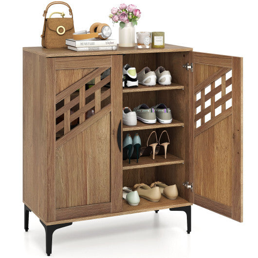 4 Tier Farmhouse Shoe Storage Cabinet with Removable Shelves and Metal Legs-Walnut W2B