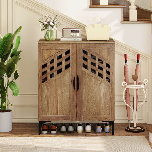 4 Tier Farmhouse Shoe Storage Cabinet with Removable Shelves and Metal Legs-Walnut W2B
