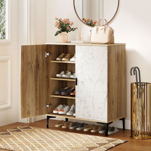 4 Tier Farmhouse Shoe Storage Cabinet with Removable Shelves and Metal Legs-Walnut W2B