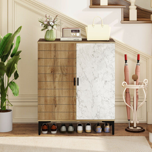 4 Tier Farmhouse Shoe Storage Cabinet with Removable Shelves and Metal Legs-Walnut W2B
