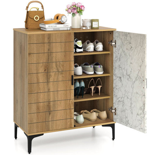 4 Tier Farmhouse Shoe Storage Cabinet with Removable Shelves and Metal Legs-Walnut W2B