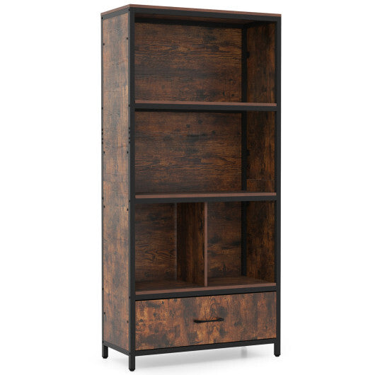 56" Tall Freestanding Bookcase with Drawer 5 Tier-RusticBrown W2B