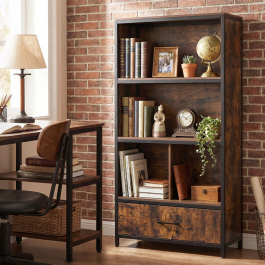 56" Tall Freestanding Bookcase with Drawer 5 Tier-RusticBrown W2B