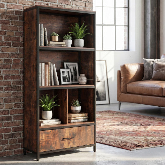 56" Tall Freestanding Bookcase with Drawer 5 Tier-RusticBrown W2B