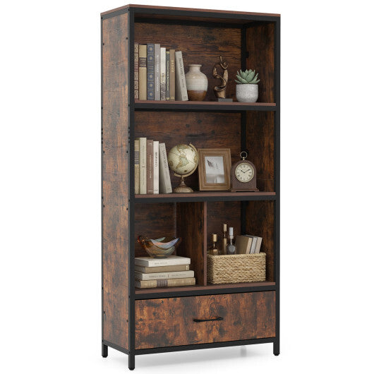 56" Tall Freestanding Bookcase with Drawer 5 Tier-RusticBrown W2B