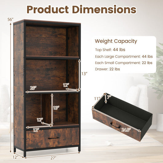 56" Tall Freestanding Bookcase with Drawer 5 Tier-RusticBrown W2B