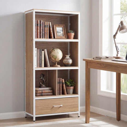 56" Tall Freestanding Bookcase with Drawer 5 Tier-RusticBrown W2B