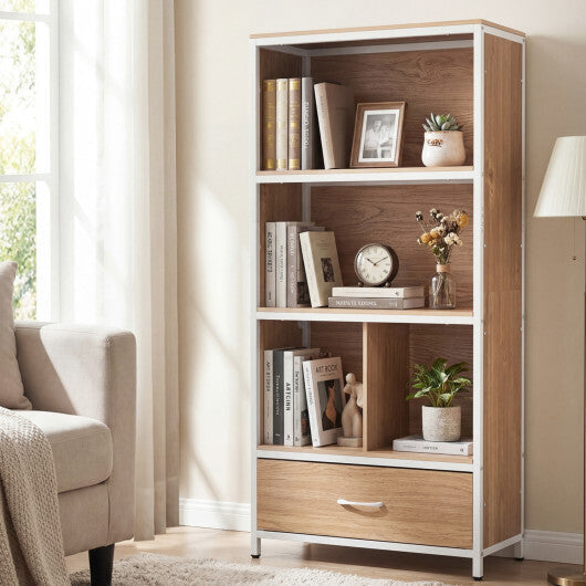 56" Tall Freestanding Bookcase with Drawer 5 Tier-RusticBrown W2B