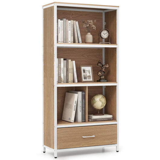 56" Tall Freestanding Bookcase with Drawer 5 Tier-RusticBrown W2B