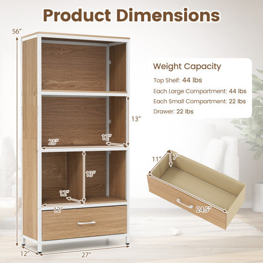 56" Tall Freestanding Bookcase with Drawer 5 Tier-RusticBrown W2B