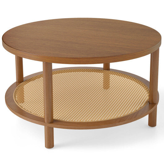 2-Tier Boho Round Rattan Coffee Table with Storage Shelf-Walnut W2B