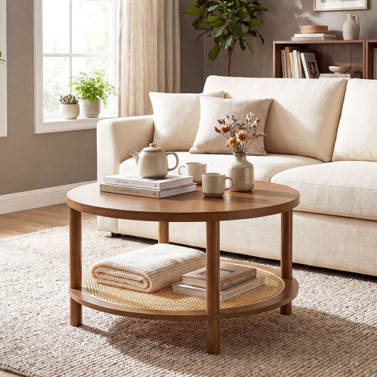 2-Tier Boho Round Rattan Coffee Table with Storage Shelf-Walnut W2B